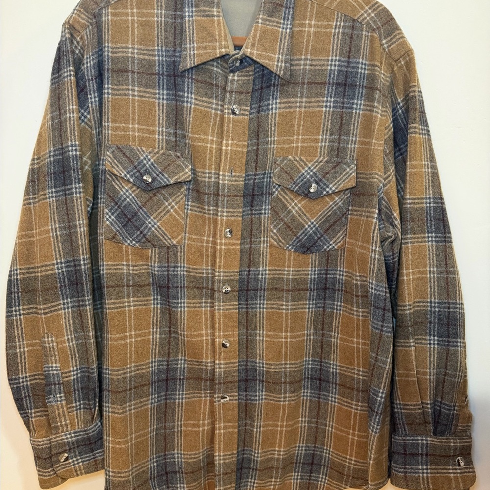 VINTAGE Oscar de la Renta Wool Plaid Button-Up Shirt in Brown and Gray